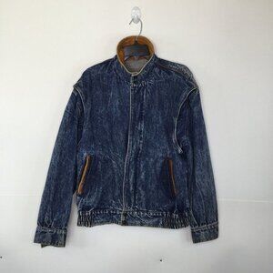 HukAPoo Denim Jacket Men Medium Blue Denim Pockets Vintage Full Zip Leather Trim
